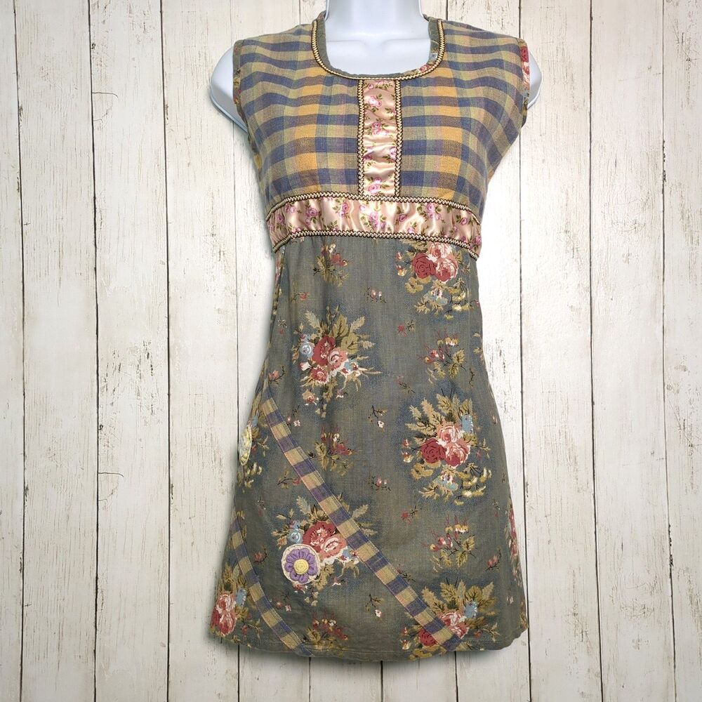 Floral Patchwork Plaid Satin Trim Dress Medium Cottagecore Boho Coquette Artsy